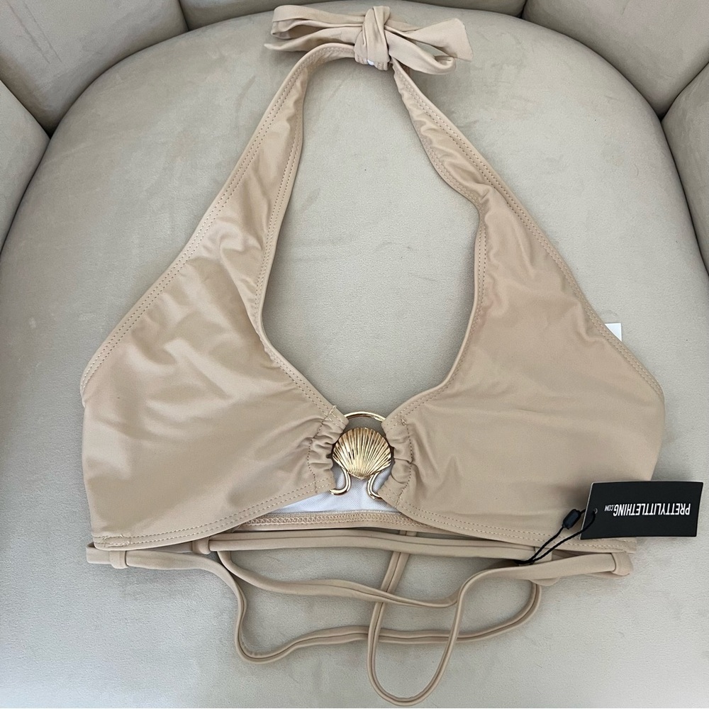 NWT PrettyLittle Thing Nude Halter Shell Trim Bikini Top Swimwear No Pad Beach 4